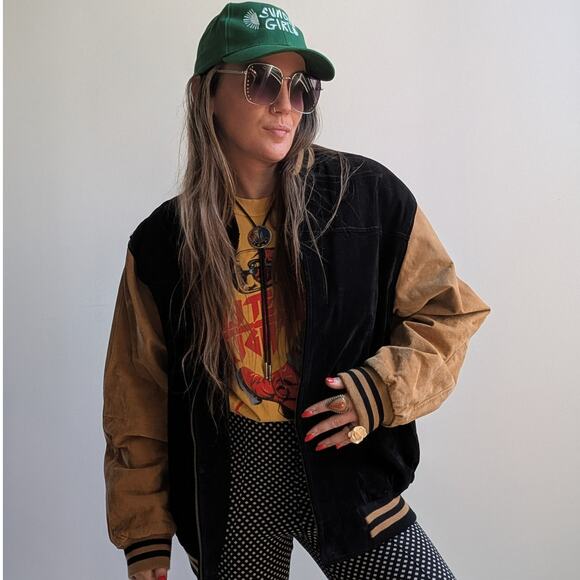 Vintage Black Leather Bomber Jacket Brown Suede Jacket Y2K Varsity Preppy Large - Picture 1 of 11